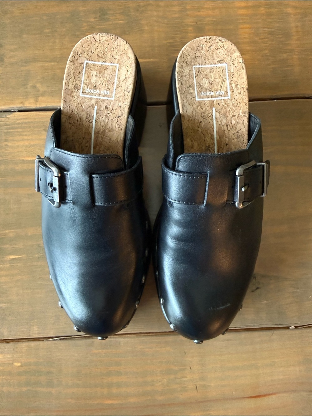 Dolce Vita Black Leather Slip-On Clogs with Buckle Accent